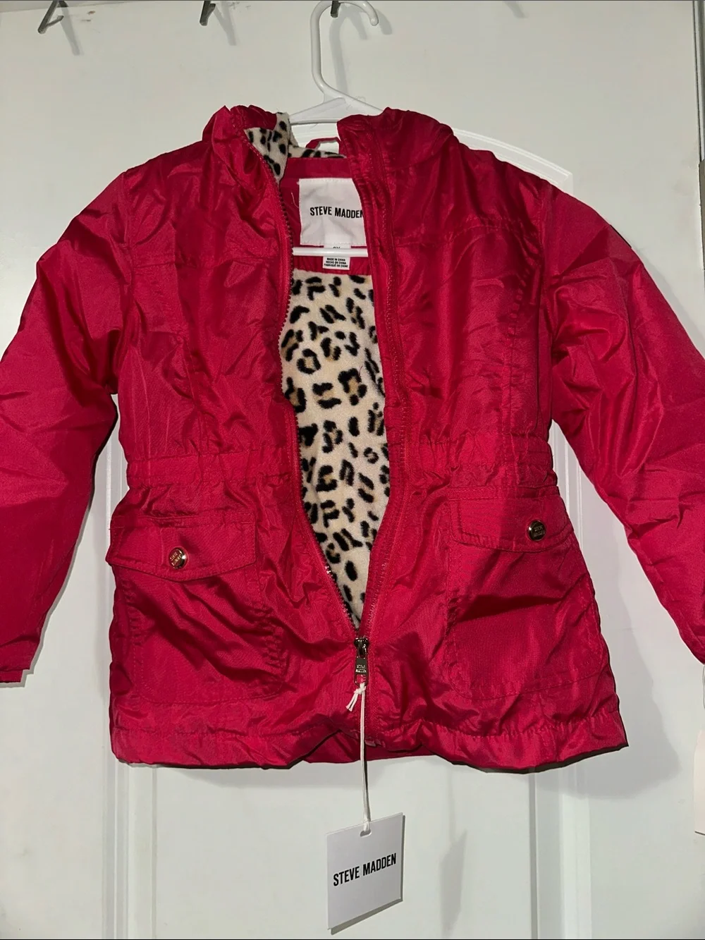 Steve Madden Girls Hot Pink Puffer Jacket with Leopard Faux Fur